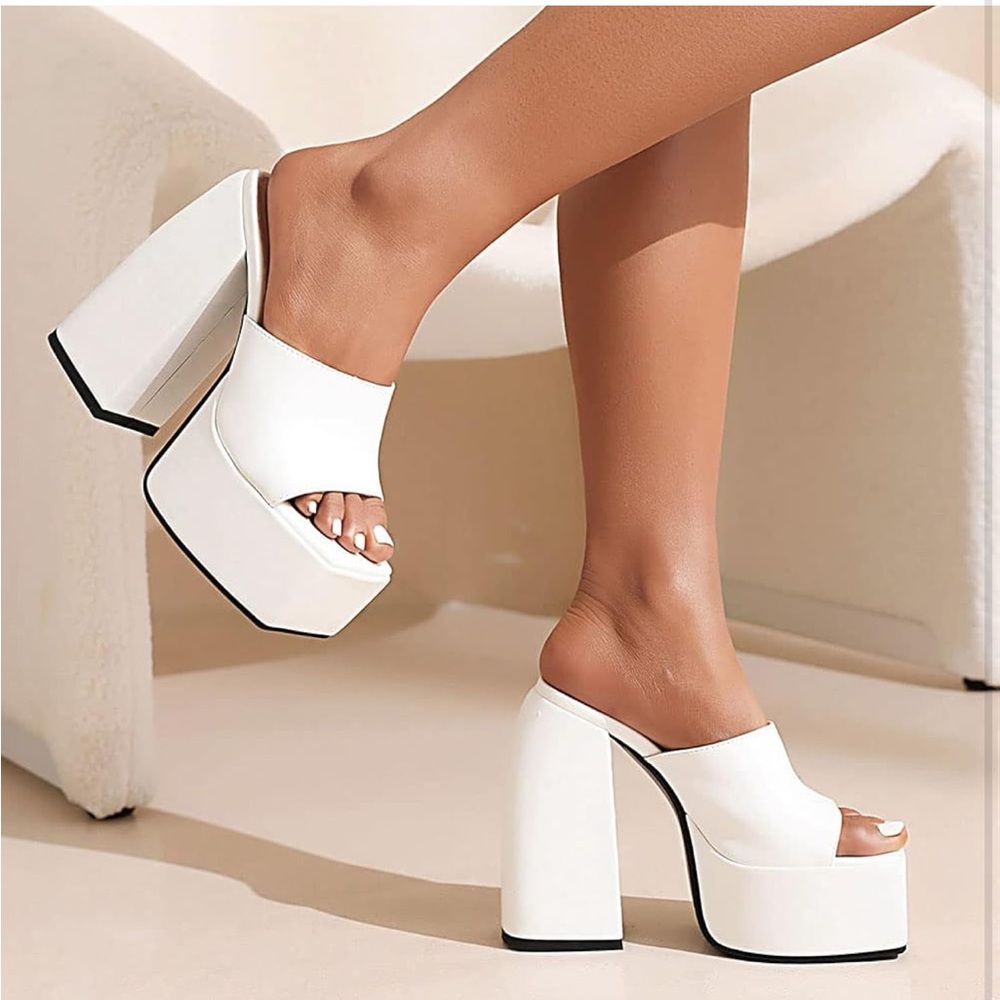 White Chunky Platform Heels - Size 8